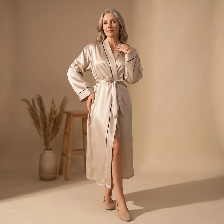 Women's Belted Satin Dressing Gown with Contrast Trim