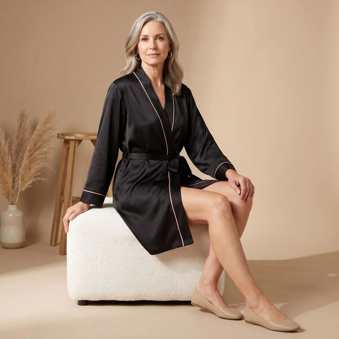 Women's Belted Satin Dressing Gown with Contrast Trim