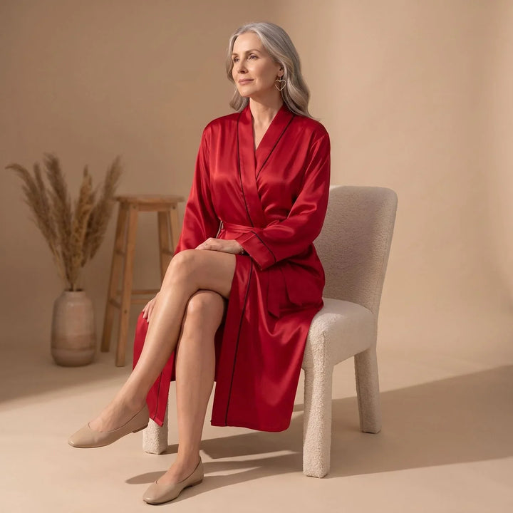 Women's Belted Satin Dressing Gown with Contrast Trim