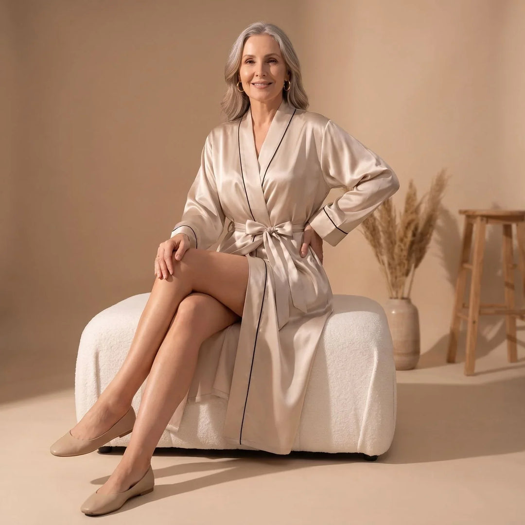Women's Belted Satin Dressing Gown with Contrast Trim