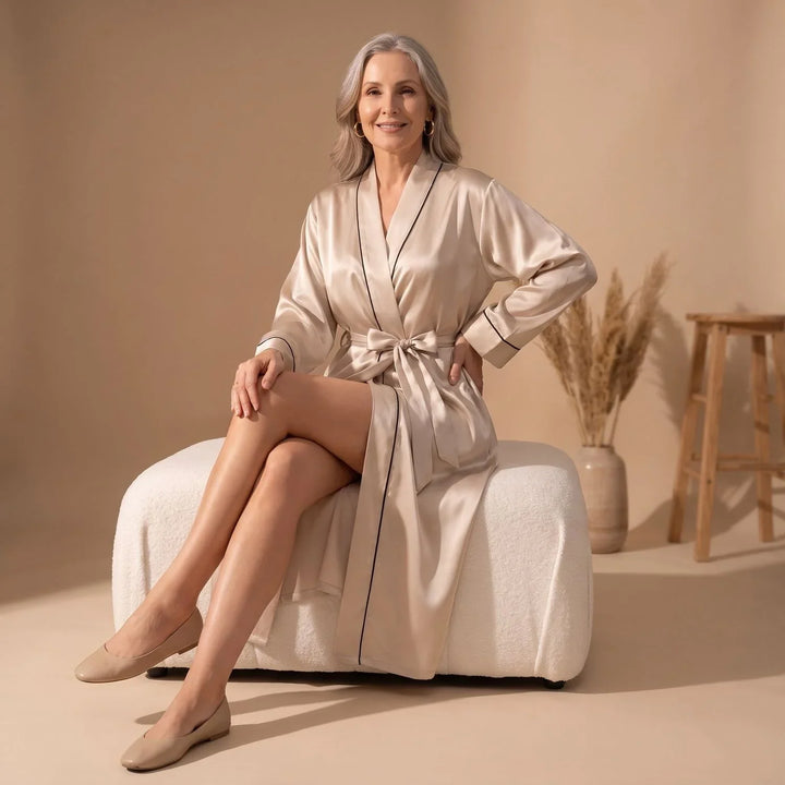 Women's Belted Satin Dressing Gown with Contrast Trim