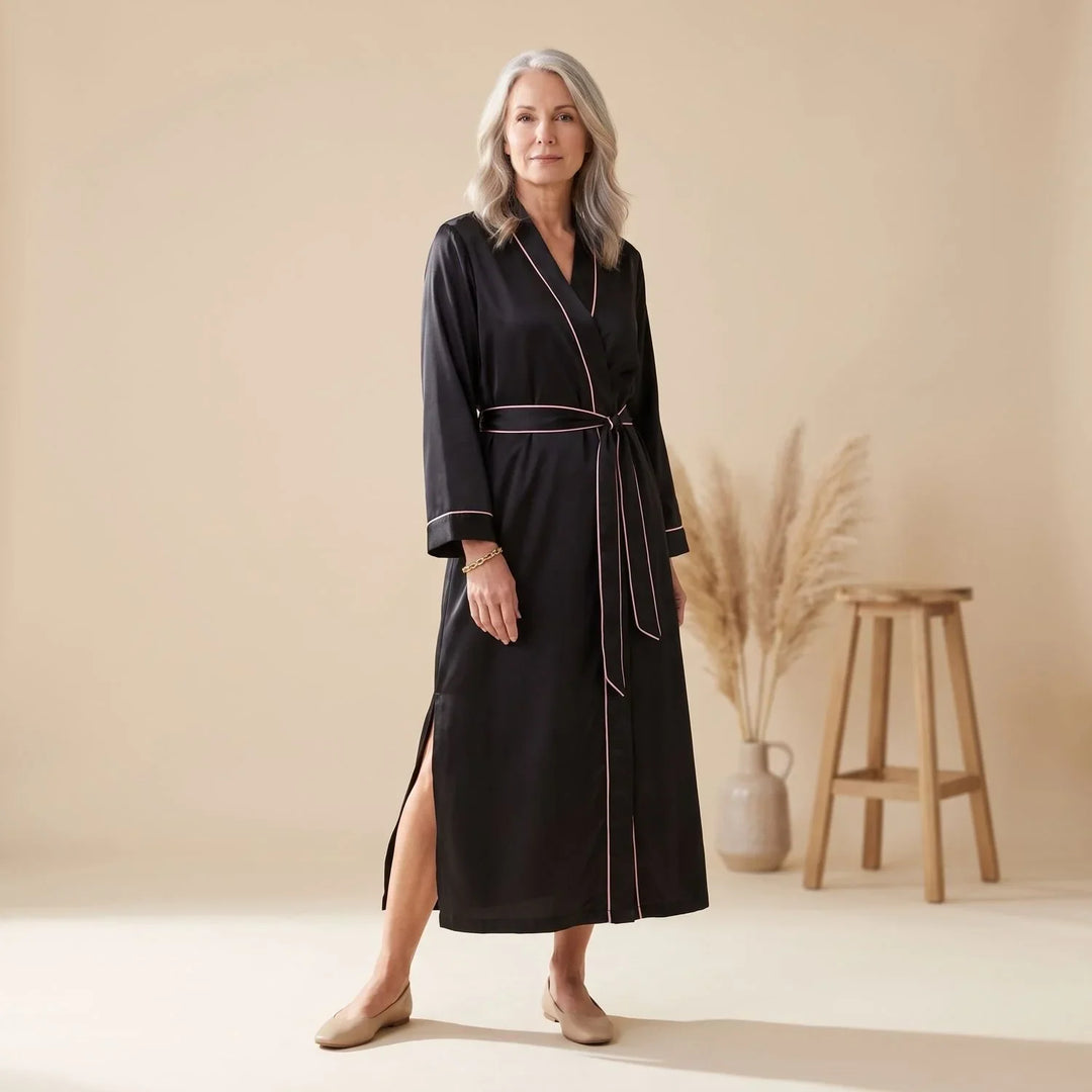 Women's Belted Satin Dressing Gown with Contrast Trim