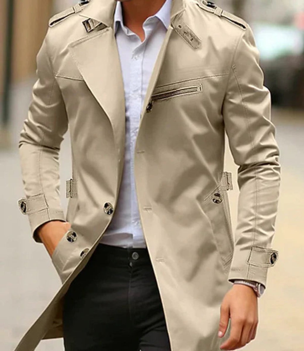 Men's classic trench coat with shoulder tabs and zip chest pocket