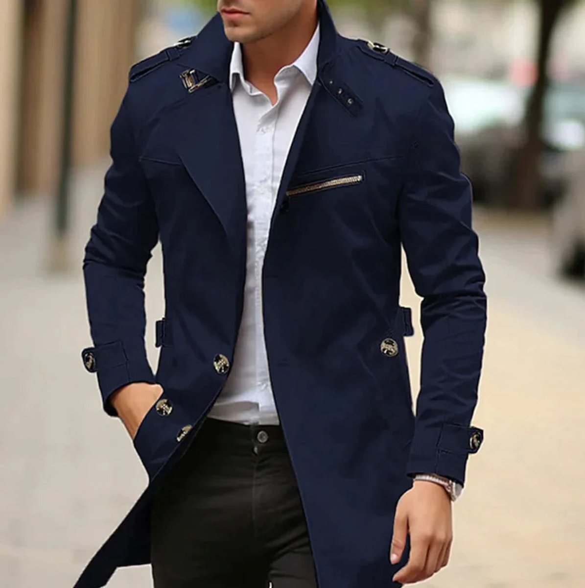 Men's classic trench coat with shoulder tabs and zip chest pocket