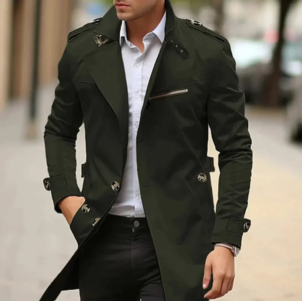 Men's classic trench coat with shoulder tabs and zip chest pocket