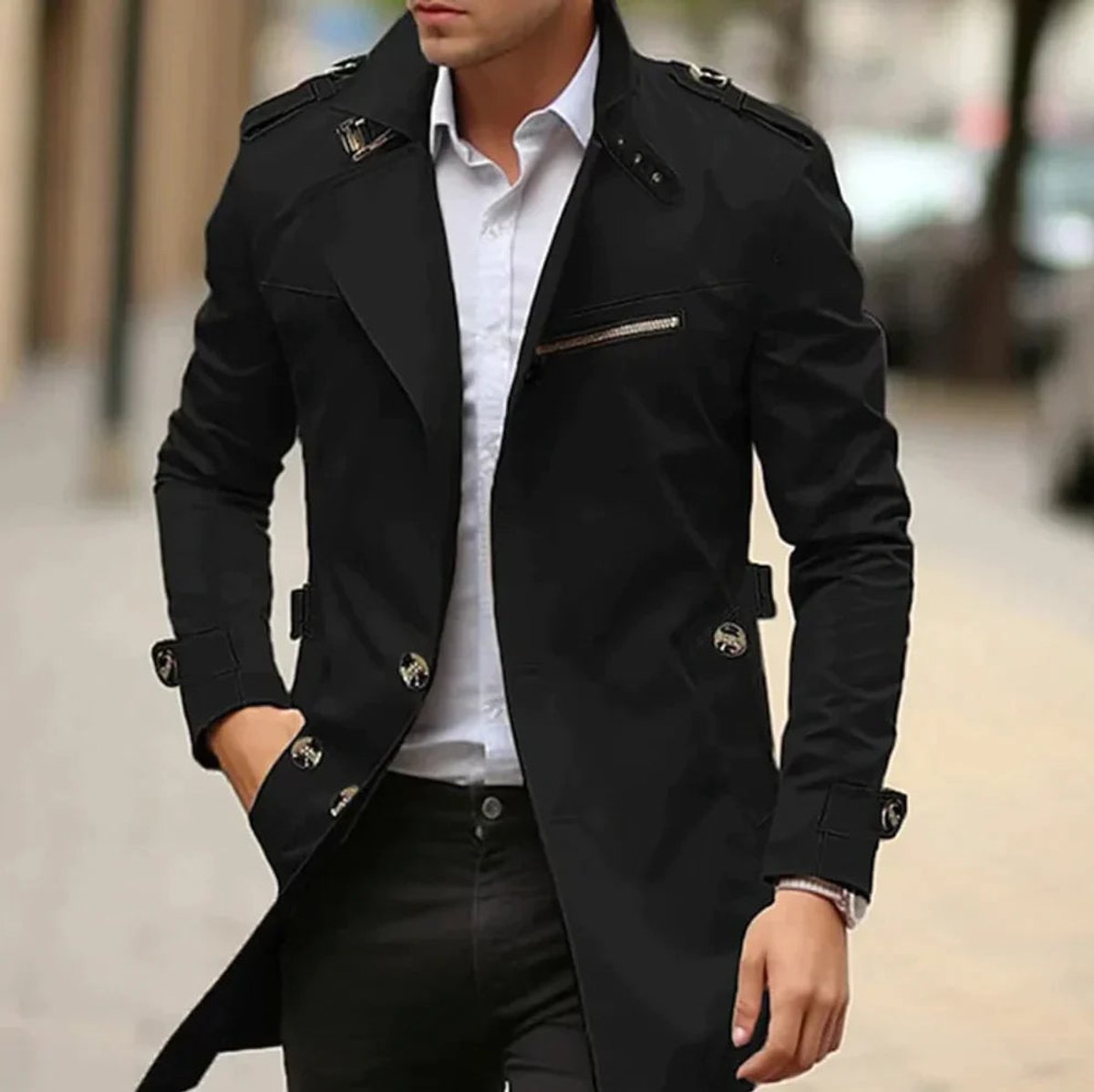Men's classic trench coat with shoulder tabs and zip chest pocket