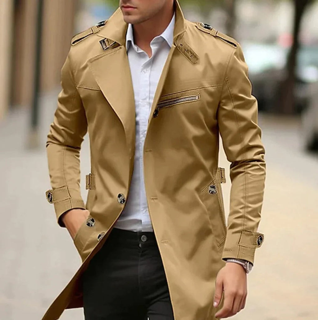 Men's classic trench coat with shoulder tabs and zip chest pocket
