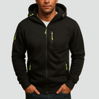 Men's hooded zip hoodie with long sleeves and multiple zipped pockets