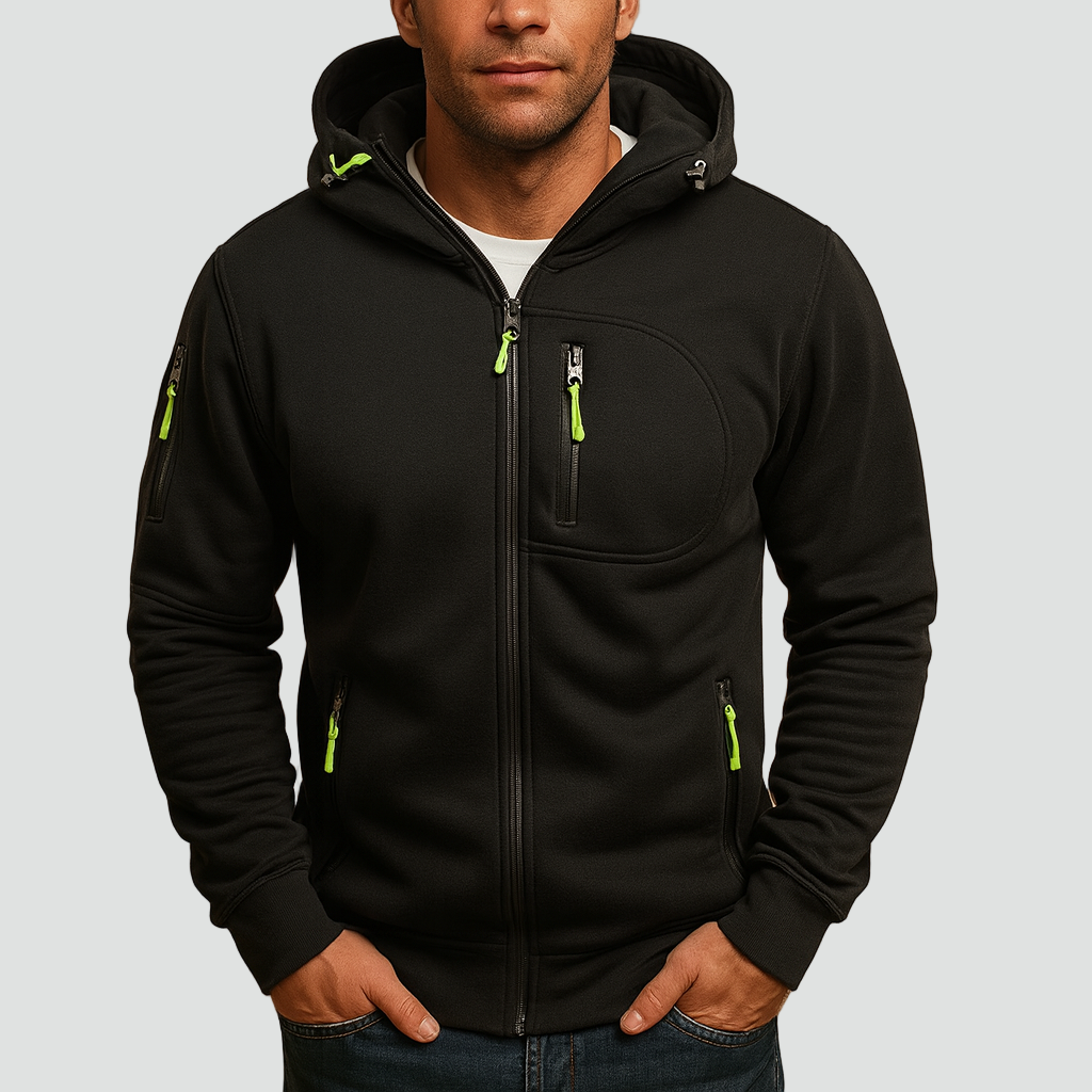 Men's hooded zip hoodie with long sleeves and multiple zipped pockets