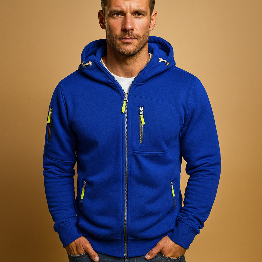 Men's hooded zip hoodie with long sleeves and multiple zipped pockets