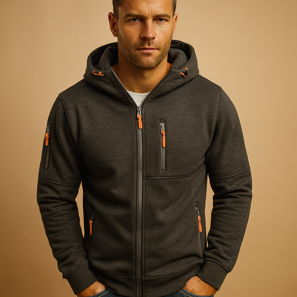Men's hooded zip hoodie with long sleeves and multiple zipped pockets