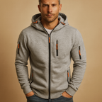 Men's hooded zip hoodie with long sleeves and multiple zipped pockets