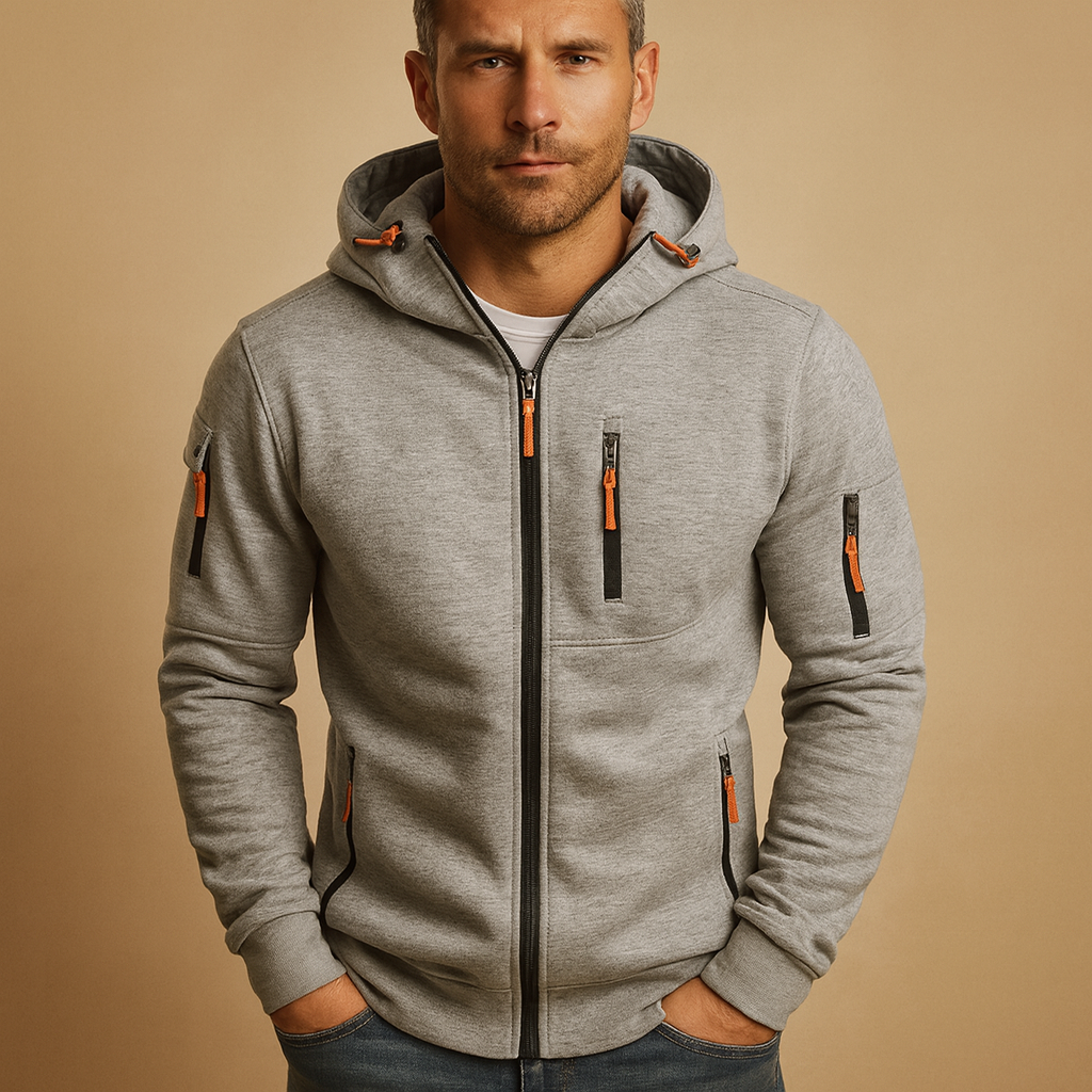 Men's hooded zip hoodie with long sleeves and multiple zipped pockets