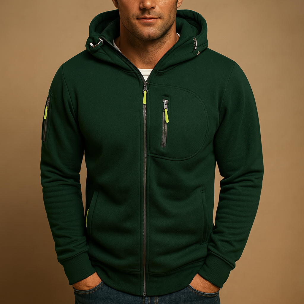 Men's hooded zip hoodie with long sleeves and multiple zipped pockets