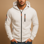 Men's hooded zip hoodie with long sleeves and multiple zipped pockets