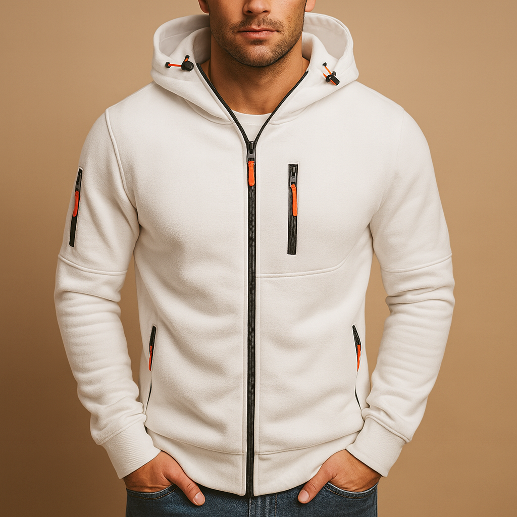 Men's hooded zip hoodie with long sleeves and multiple zipped pockets