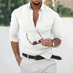 Men's long sleeve button down shirt with curved hem