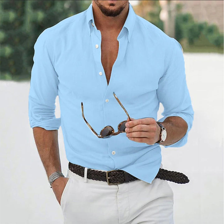 Men's long sleeve button down shirt with curved hem