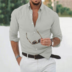 Men's long sleeve button down shirt with curved hem