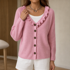 Women's ruffle-trimmed button cardigan with long sleeves