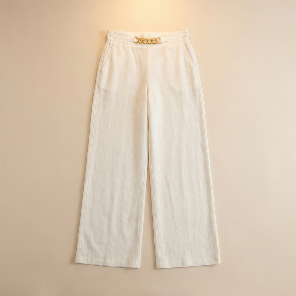 Women's high-waisted wide leg trousers with front chain detail and side pockets