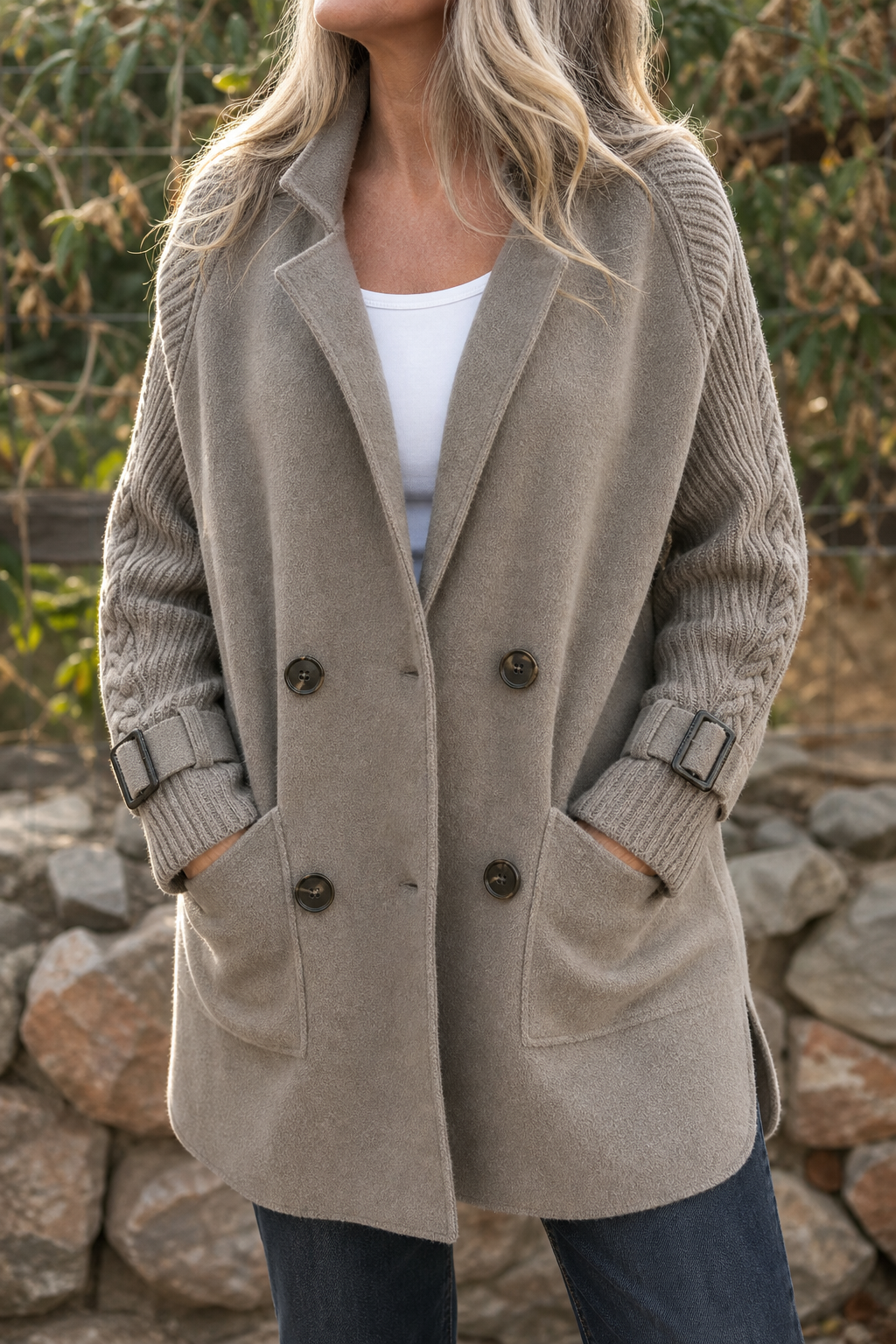 Women's longline double-breasted coat with knitted sleeves and buckle cuffs