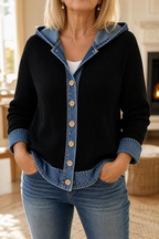 Women's hooded patchwork cardigan with contrast panels and button front