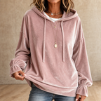 Women's relaxed velvet hoodie with drawstring hood and gathered cuffs