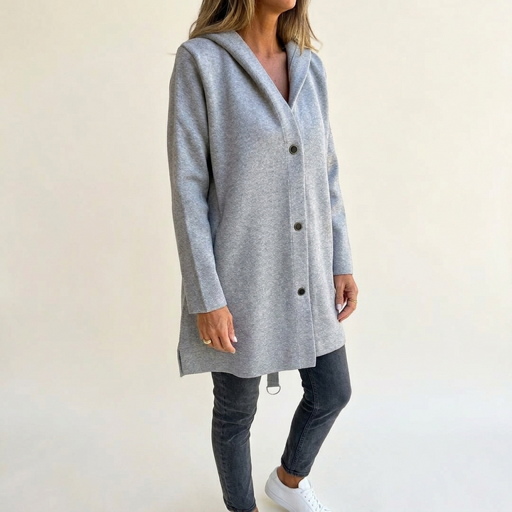 Women's longline hooded cardigan with button front and pockets