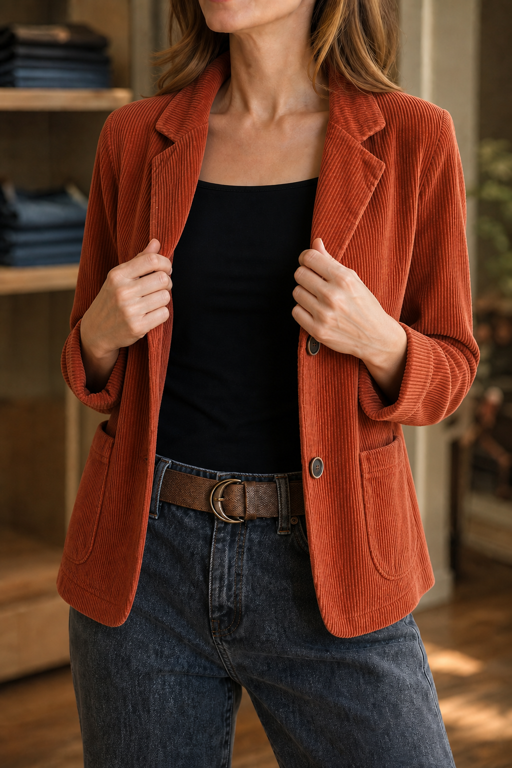 Women's structured ribbed texture blazer with notched collar, long sleeves and patch pockets