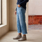 Women's cropped straight leg jeans with distressed details and frayed hems