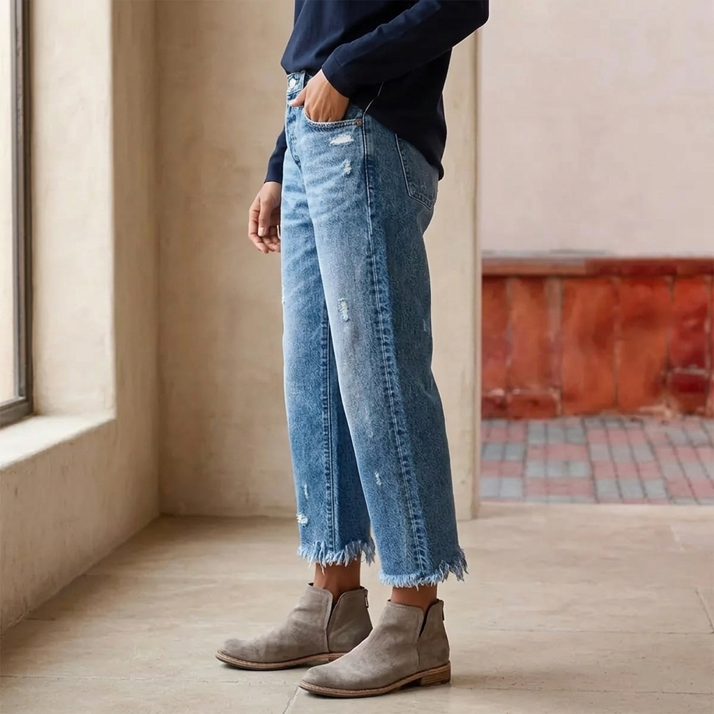 Women's cropped straight leg jeans with distressed details and frayed hems