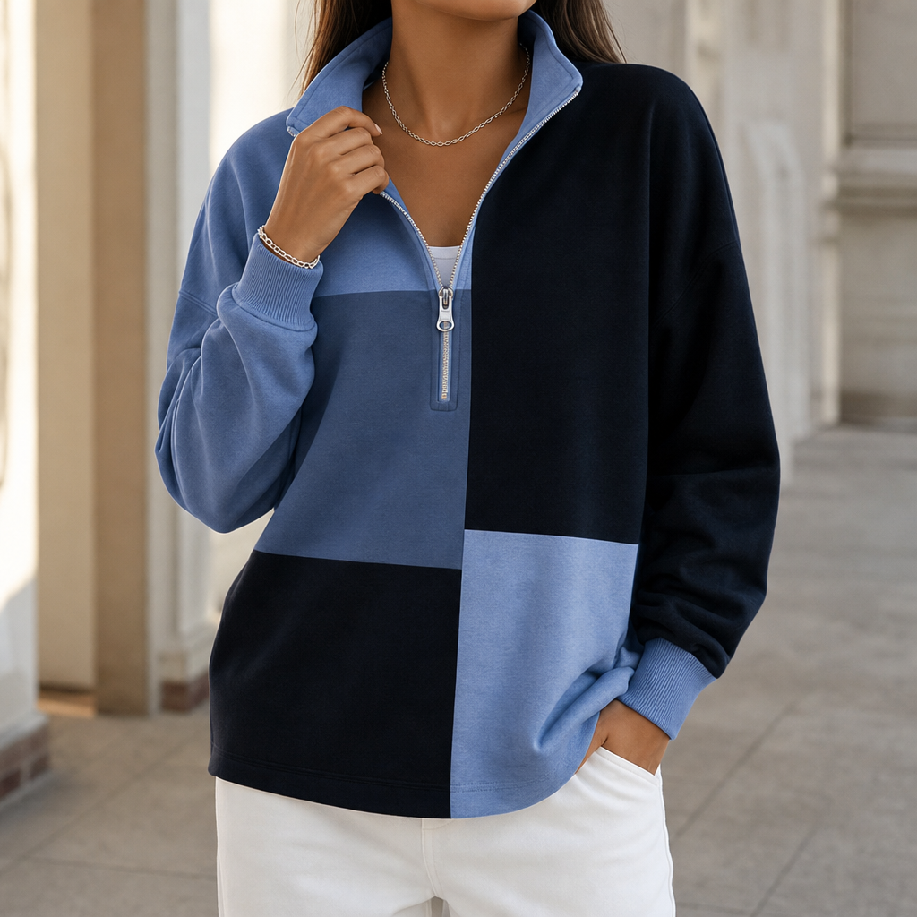 Women's blue and black colourblock half-zip sweatshirt with stand collar and long sleeves