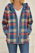 Women's checked plaid hooded cardigan with denim-look trim and button front