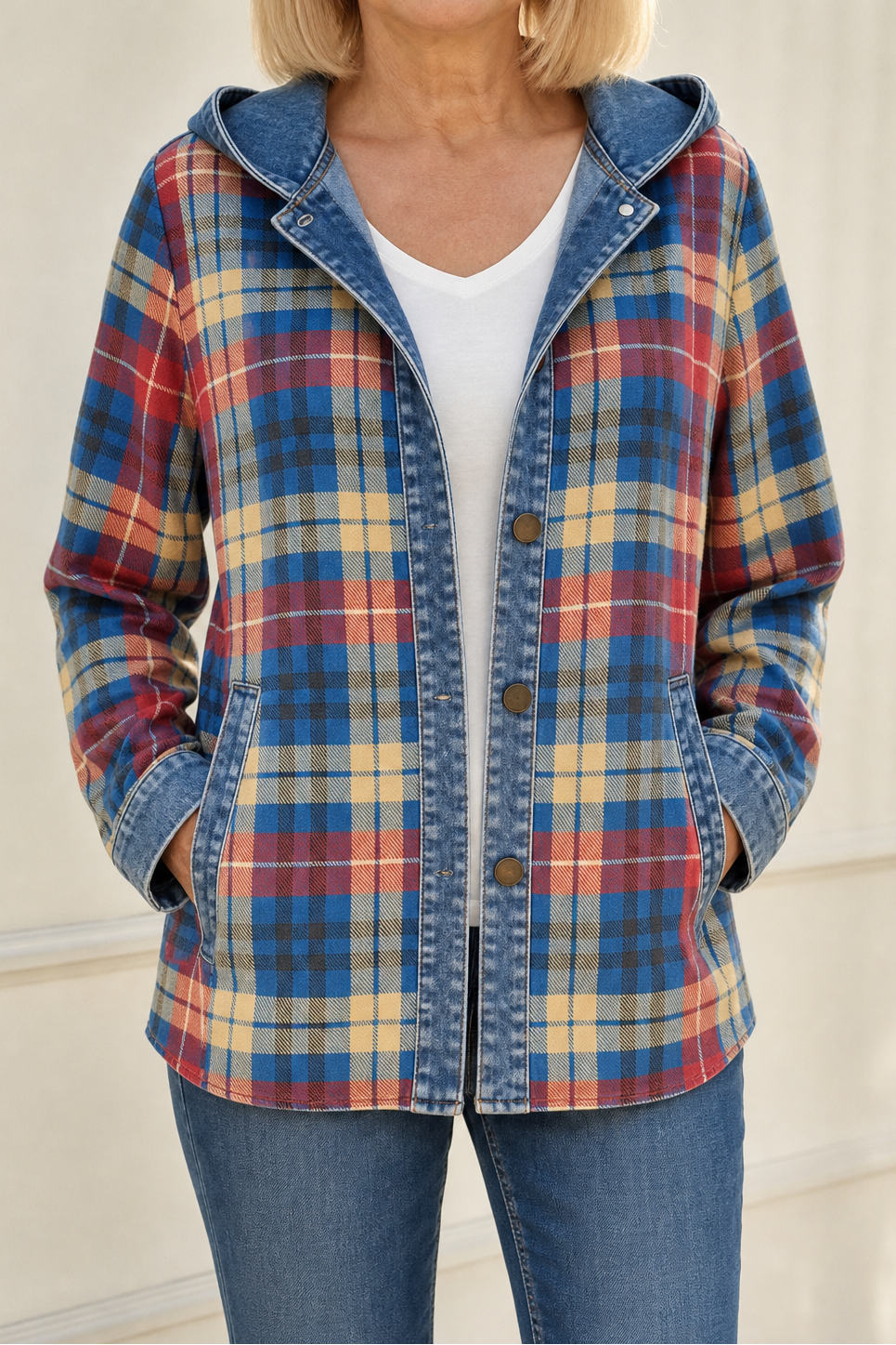 Women's checked plaid hooded cardigan with denim-look trim and button front