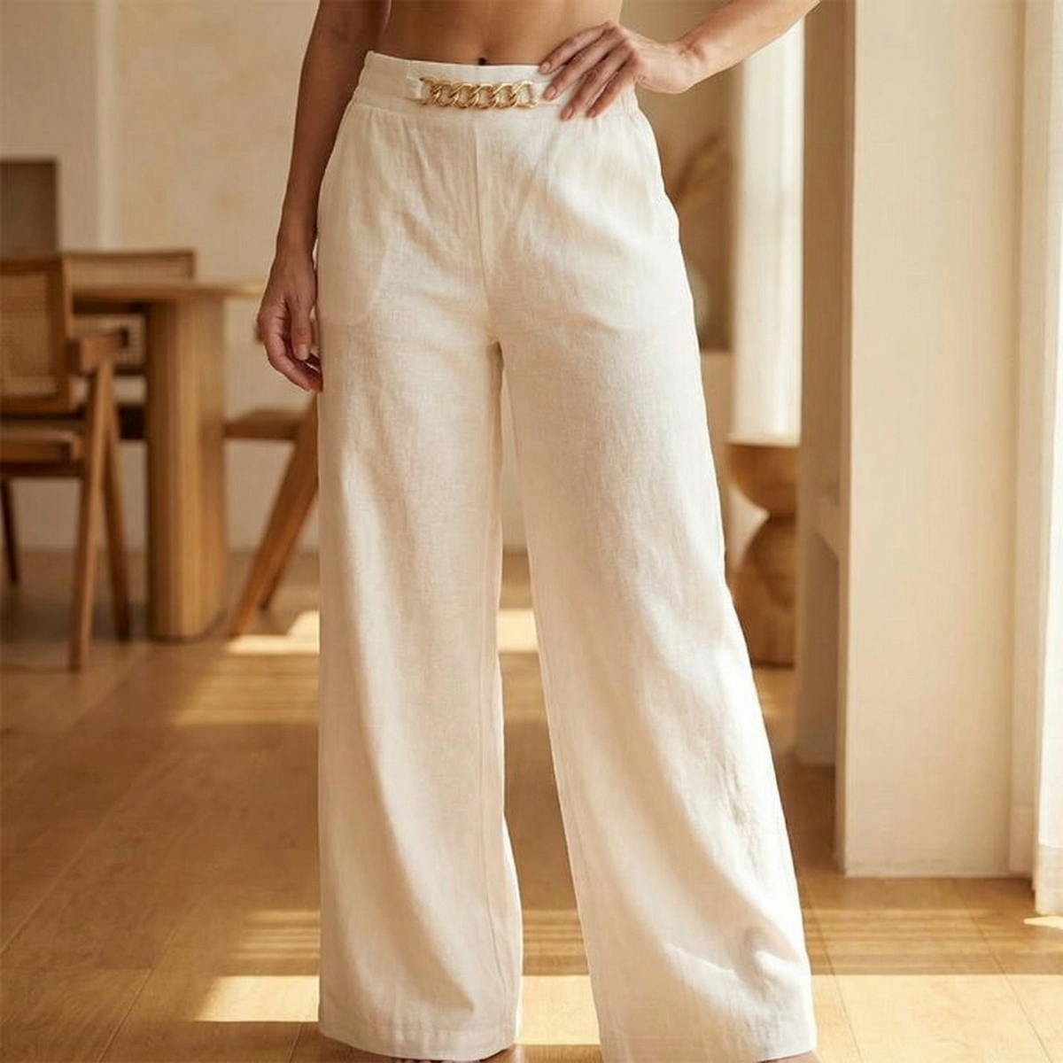 Women's high-waisted wide leg trousers with front chain detail and side pockets