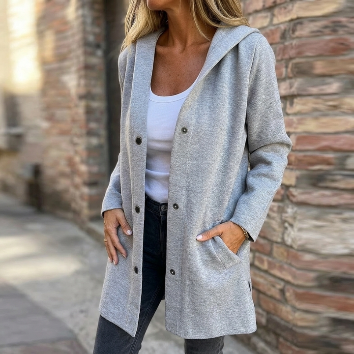 Women's longline hooded cardigan with button front and pockets