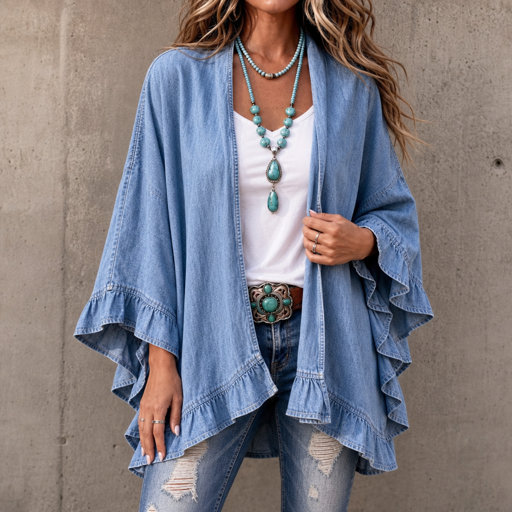 Women's blue open-front cardigan with flared sleeves and ruffle trims