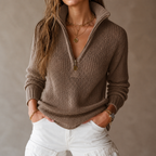 Women's textured knit half-zip sweater with raised collar