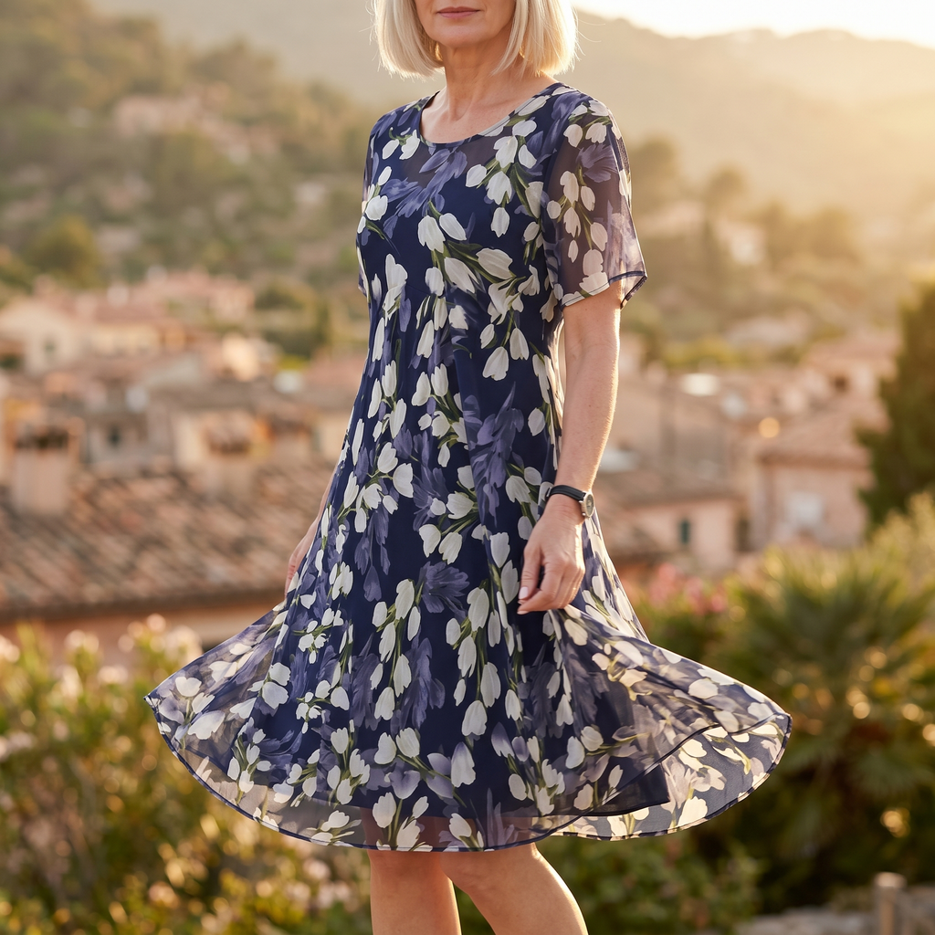 Women's navy floral A-line midi dress with round neckline and short sleeves