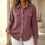 Women's ribbed knit shacket with collar and button front