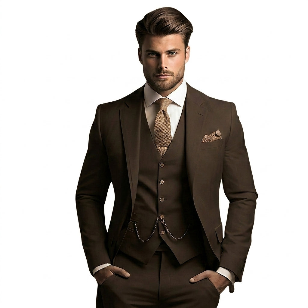 Men's three-piece suit with notched lapel jacket, buttoned waistcoat and matching trousers