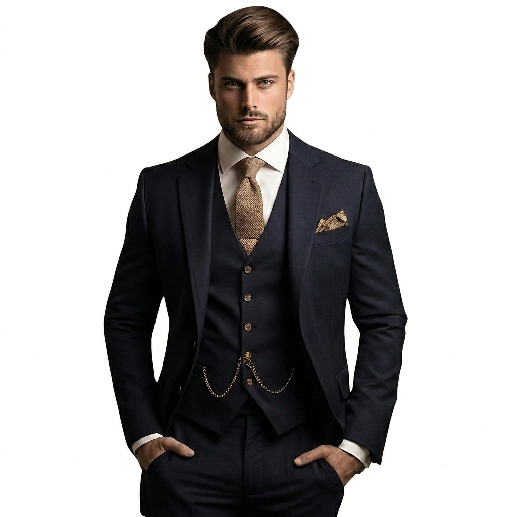 Men's three-piece suit with notched lapel jacket, buttoned waistcoat and matching trousers