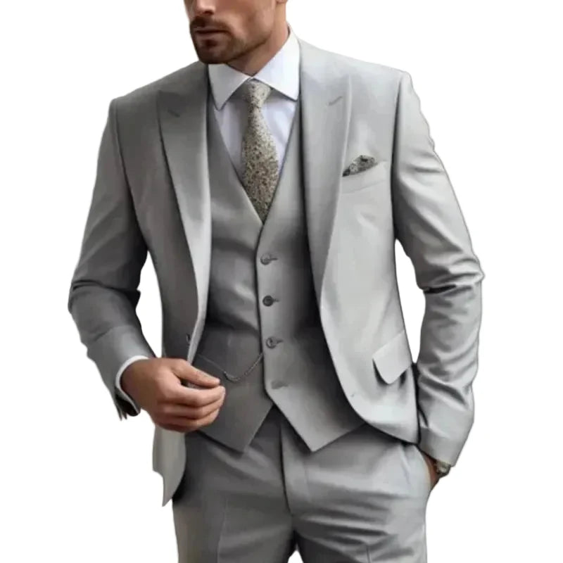 Men's three-piece suit with notch lapel jacket, buttoned waistcoat and matching trousers