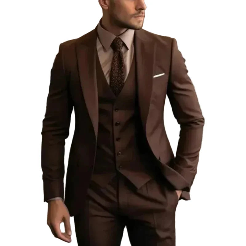 Men's three-piece suit with notch lapel jacket, buttoned waistcoat and matching trousers