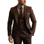 Men's three-piece suit with notch lapel jacket, buttoned waistcoat and matching trousers