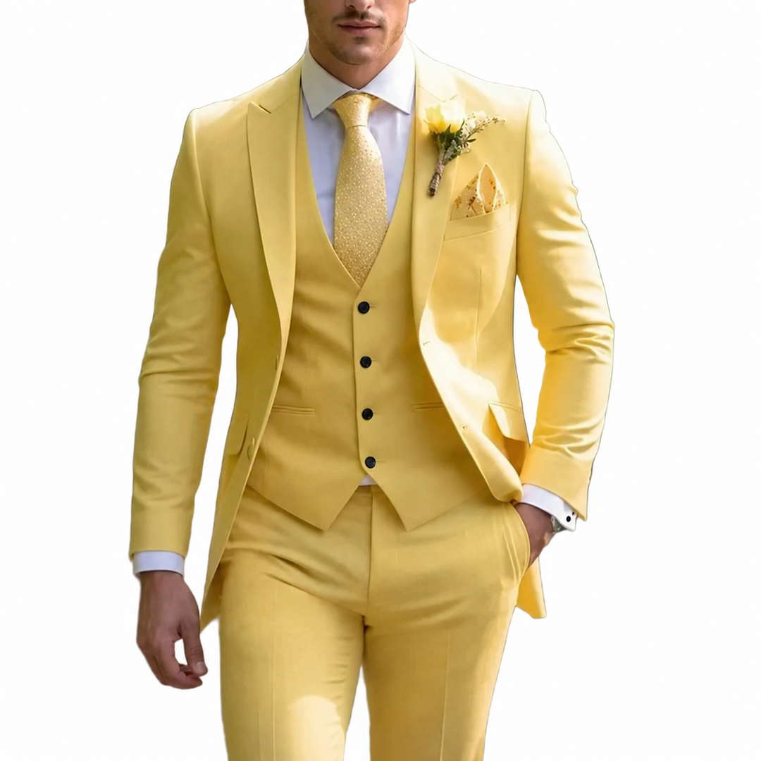 Men's three-piece suit with notch lapel jacket, buttoned waistcoat and matching trousers