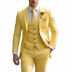 Men's three-piece suit with notch lapel jacket, buttoned waistcoat and matching trousers