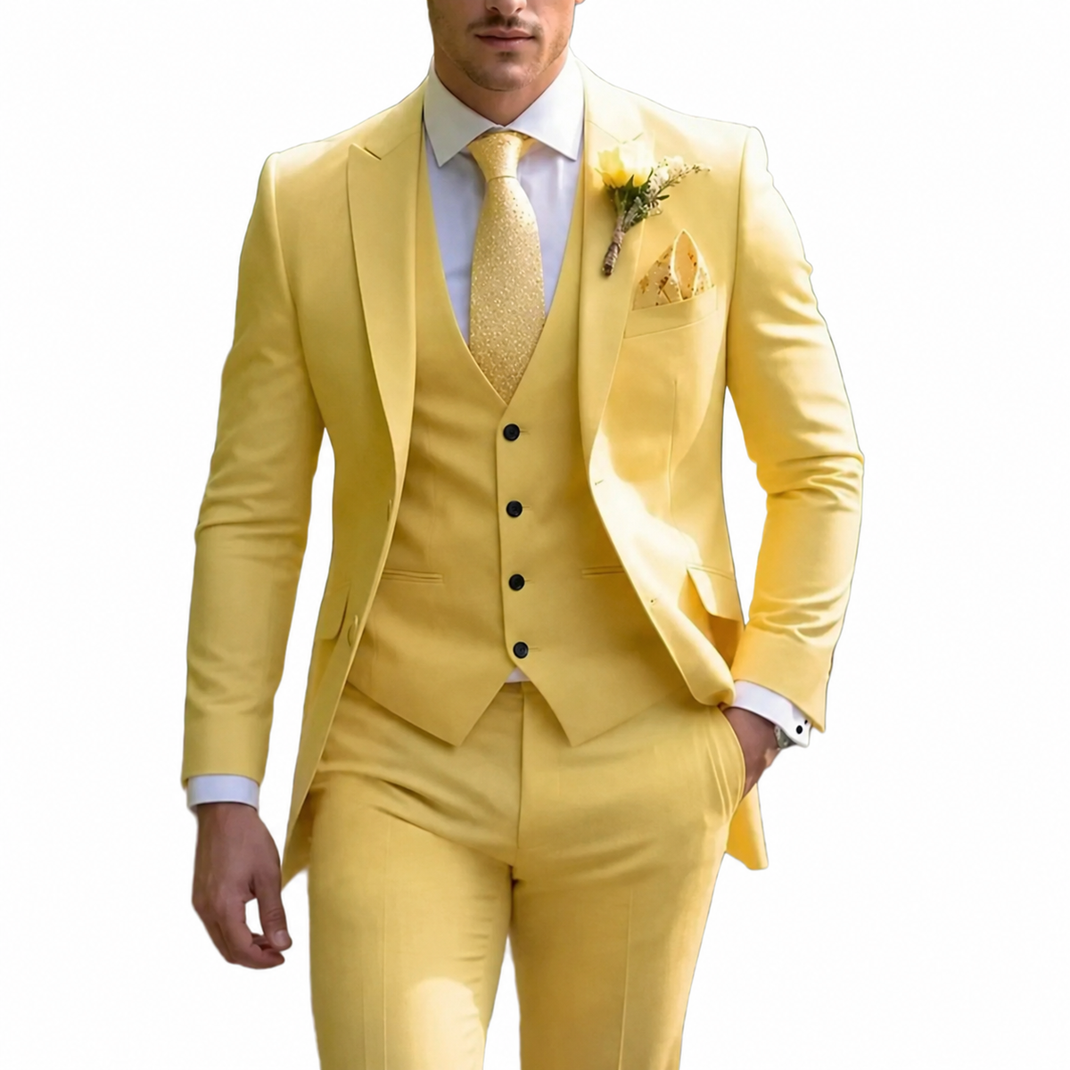 Men's three-piece suit with notch lapel jacket, buttoned waistcoat and matching trousers