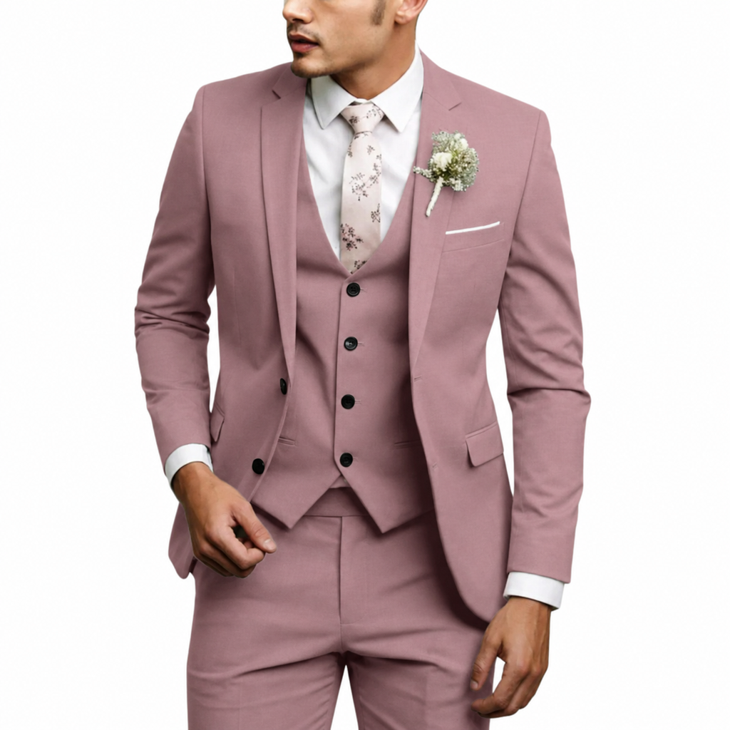 Men's three-piece suit with notch lapel jacket, buttoned waistcoat and matching trousers